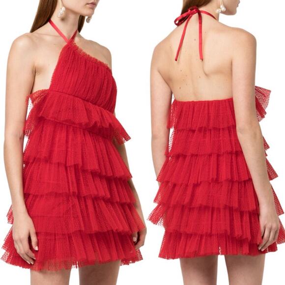 Alexis Raina Tiered Ruffled-Tulle Halter Mini Dress Cherry Red Size Medium - Picture 1 of 9